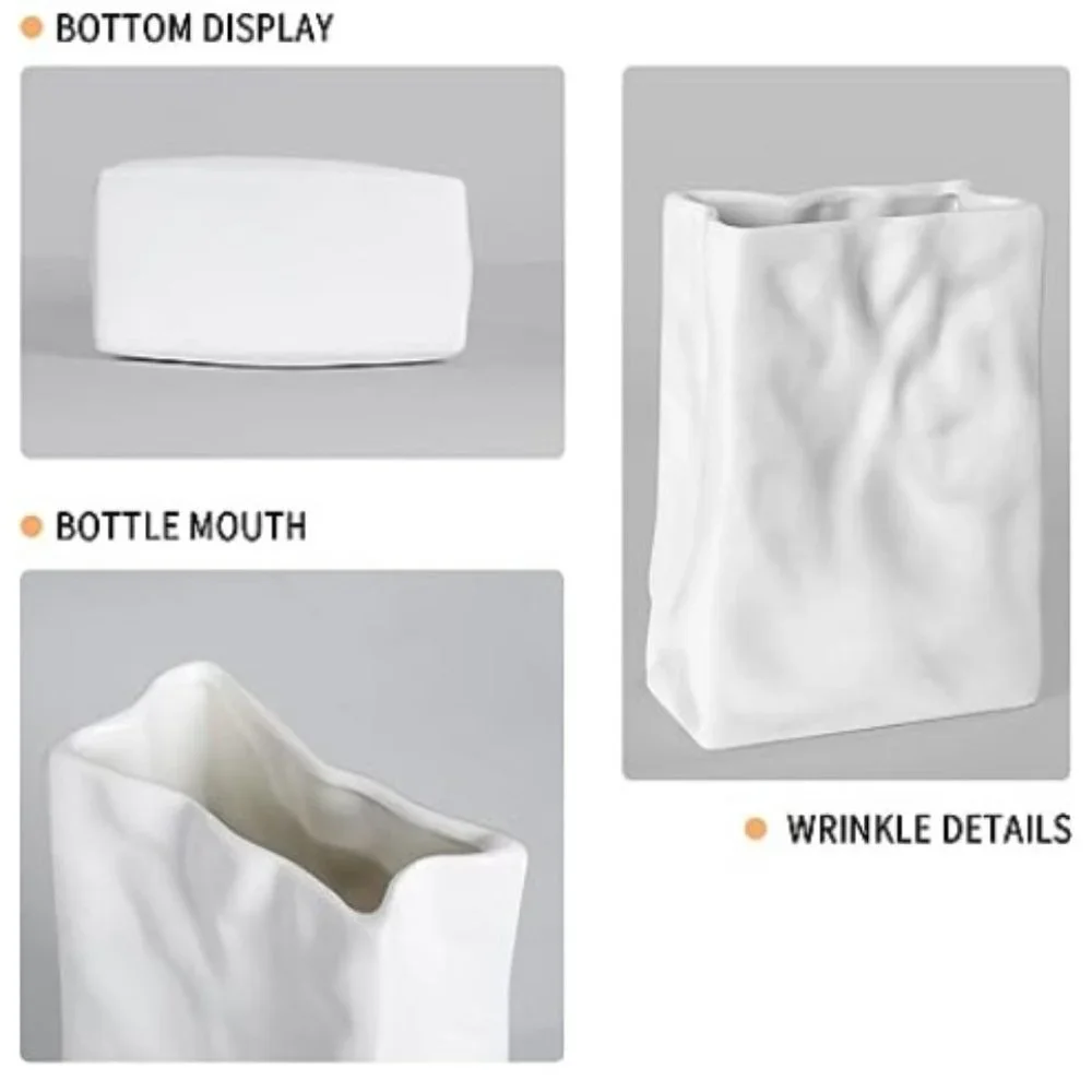 Crinkle Paper-Bag Shaped Ceramic Vase  (Matte White)